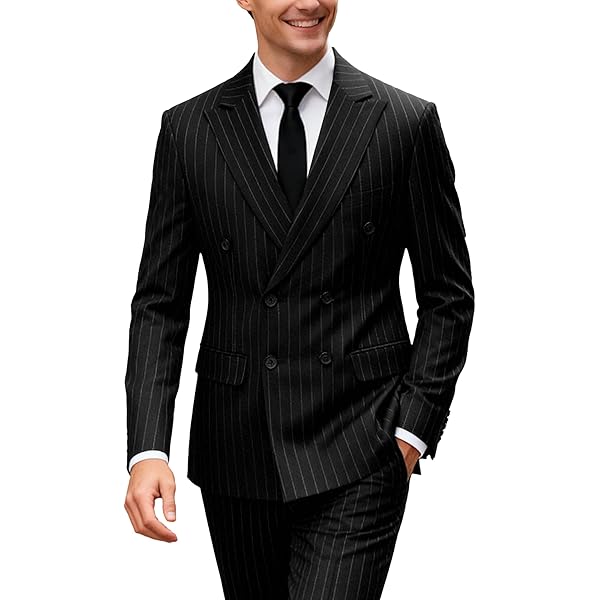 MOGU Mens Double Breasted Pinstripe Suit - 2 Piece Slim Fit